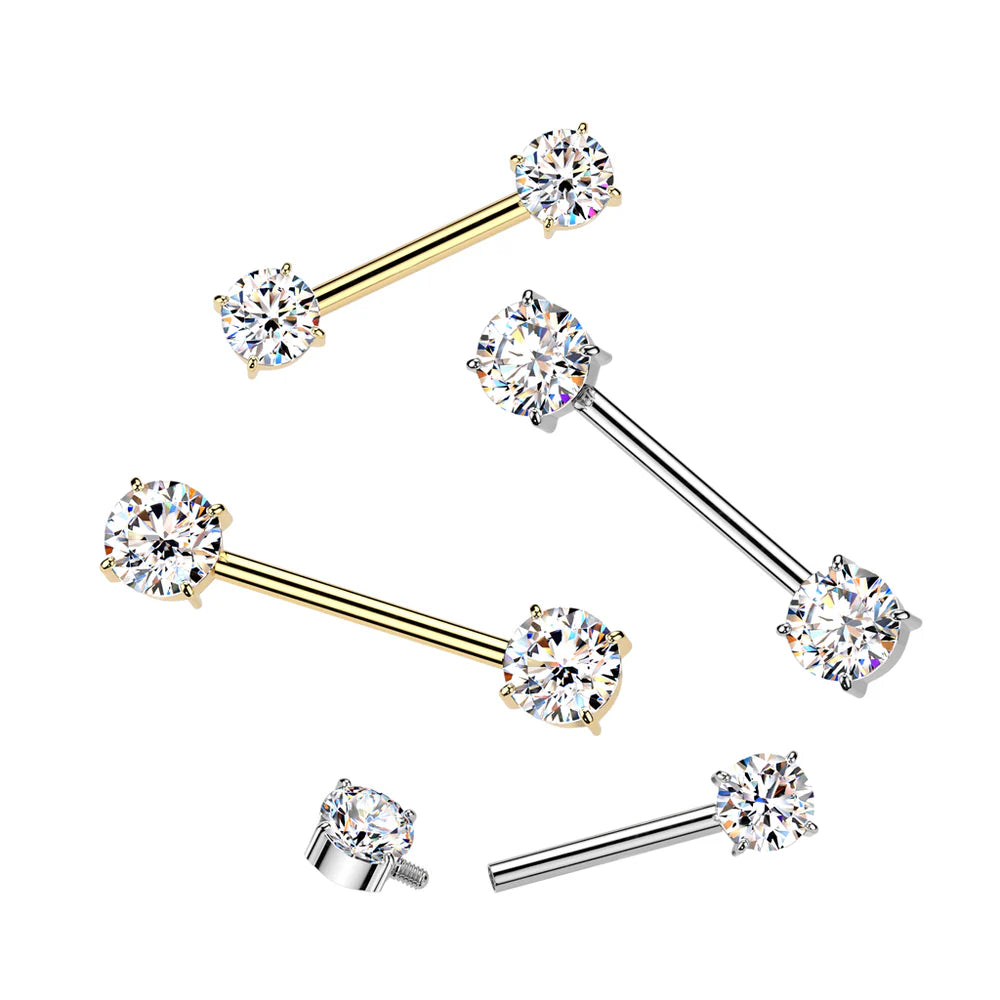 Implant Grade Titanium Internally Threaded Nipple Barbell With Prong Set CZ Ends