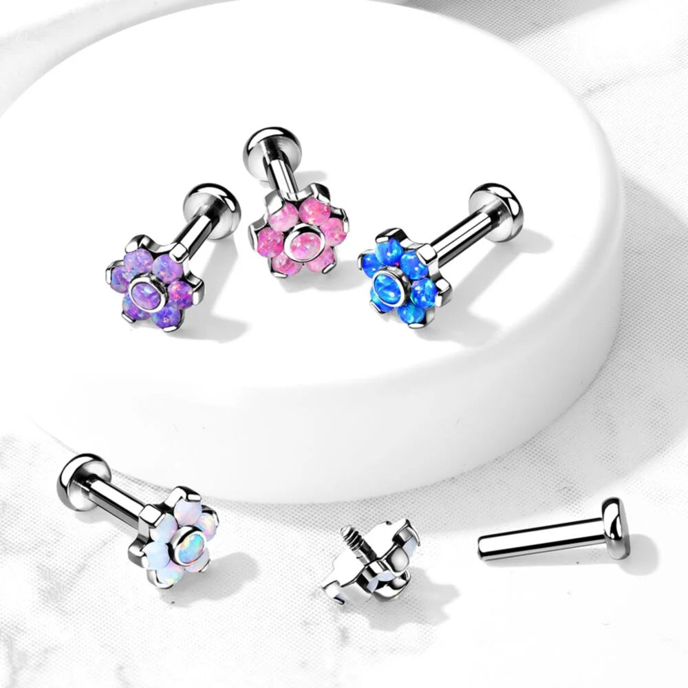 Implant Grade Titanium Internally Threaded Opal Flower Top Labret With...