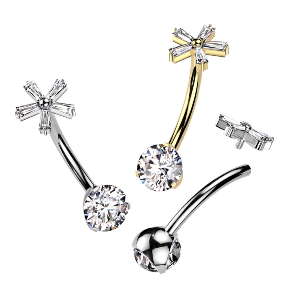 Implant Grade Titanium Internally Threaded Prong Set CZ Bottom With 5 Baguette CZ Flower Top Belly Button Ring