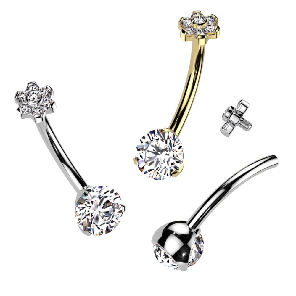 Implant Grade Titanium Internally Threaded Prong Set CZ Bottom With CZ Flower and Bezel Set Center Prong Set Petals Top Belly Button Ring