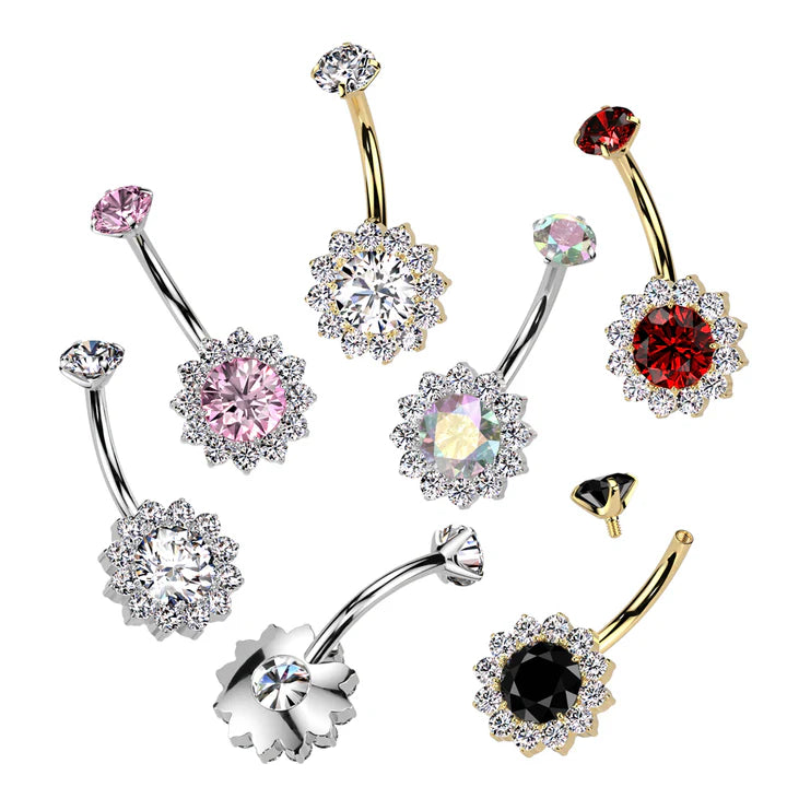 Implant Grade Titanium Internally Threaded Prong Set CZ Top With CZ Flower Belly Button Ring