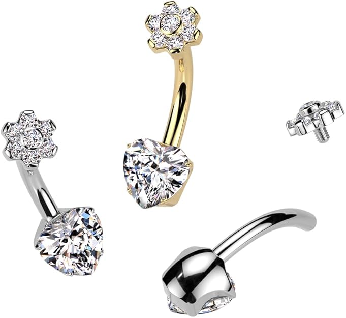 Implant Grade Titanium Internally Threaded Prong Set Heart CZ Bottom With CZ Flower Bezel Set Center Top and Prong Set Petals