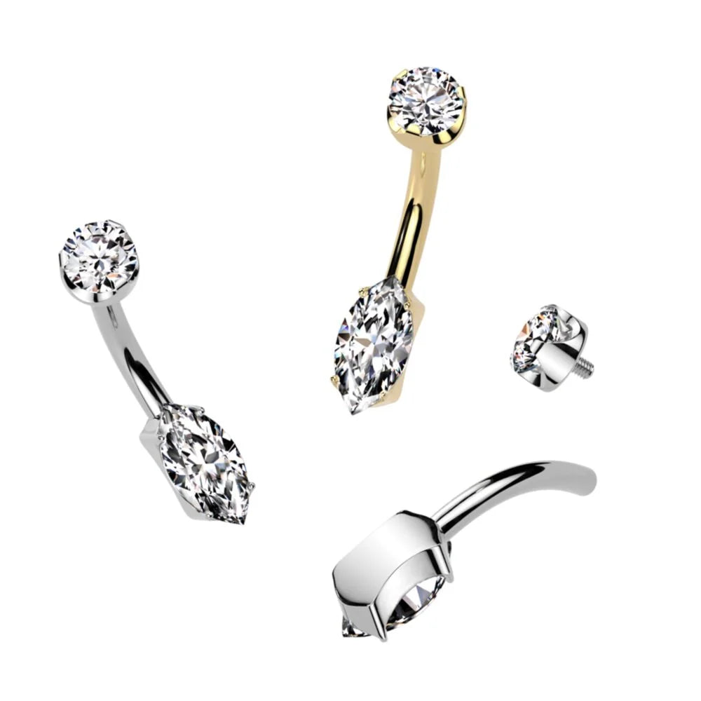 Implant Grade Titanium Internally Threaded Prong Set Marquise CZ Bottom With CZ Prong Set Top Belly Button Ring