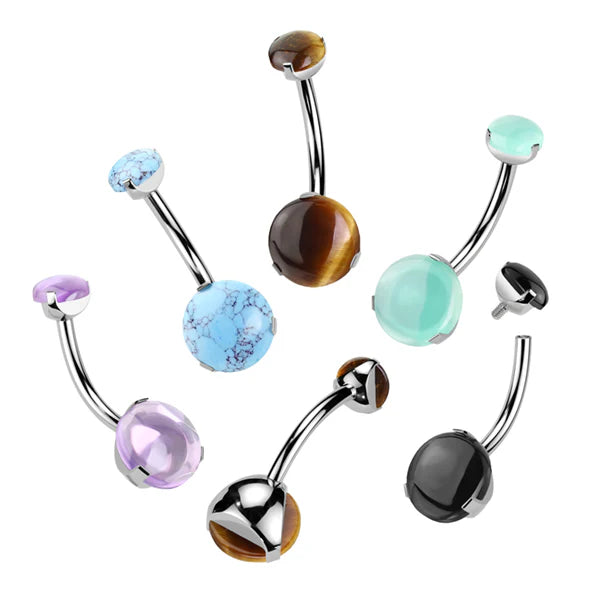 Implant Grade Titanium Internally Threaded Prong Set Natural Stone Belly Button Ring