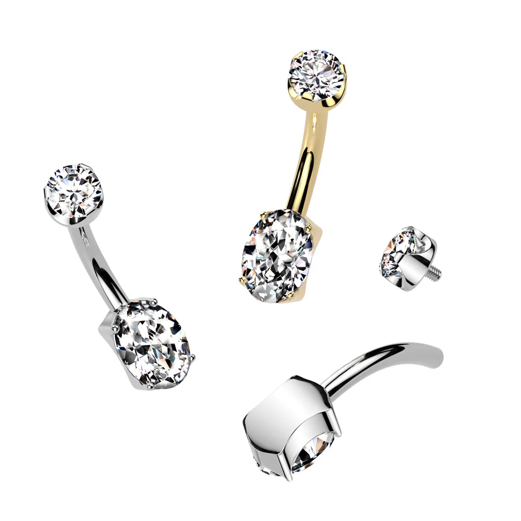 Implant Grade Titanium Internally Threaded Prong Set Oval CZ Bottom With CZ Prong Set Top Belly Button Ring