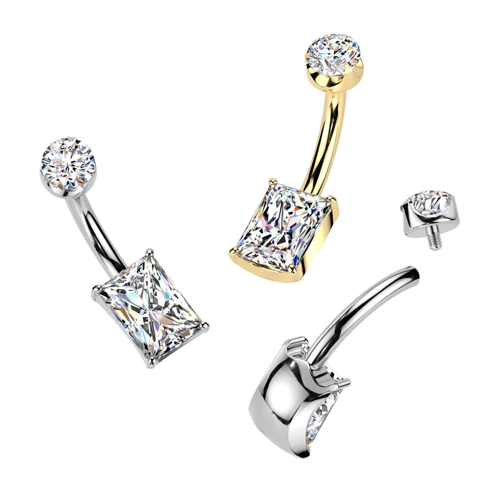 Implant Grade Titanium Internally Threaded Prong Set Rectangle CZ With Round CZ Semi-Bezel Set Top
