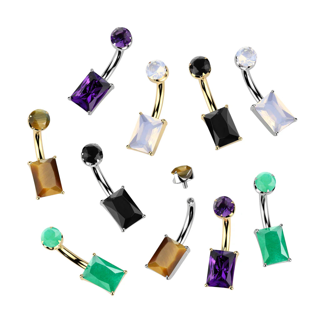 Implant Grade Titanium Internally Threaded Rectangle Prong Set Natural Gem Stone Belly Button Navel Ring With Semi-Bezel Set Top