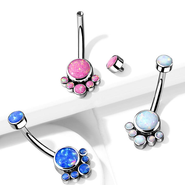 Implant Grade Titanium Internally Threaded Round Bezel Set Opal Cluster Belly Button Ring