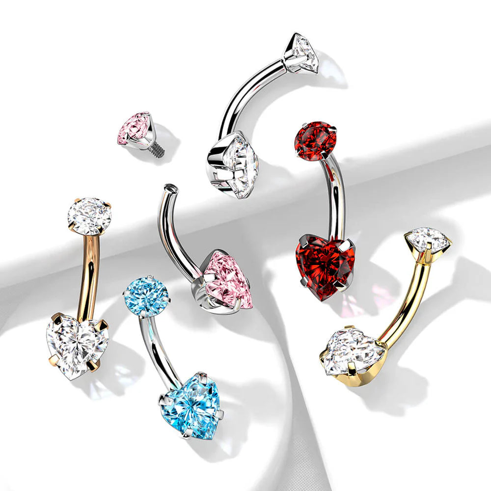 Implant Grade Titanium Internally Threaded Round CZ Top With Bottom Prong Set Heart CZ Belly Button Ring