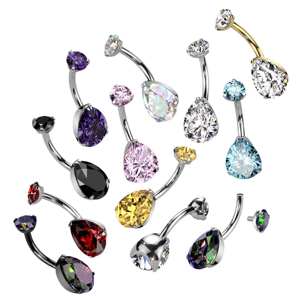 Implant Grade Titanium Internally Threaded Round Top CZ With Prong Set Pear CZ Belly Button Ring