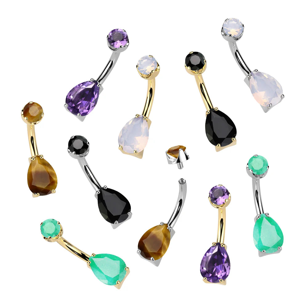 Implant Grade Titanium Internally Threaded Teardrop Prong Set Natural Gem Stone Belly Button Navel Ring With Semi-Bezel Set Top