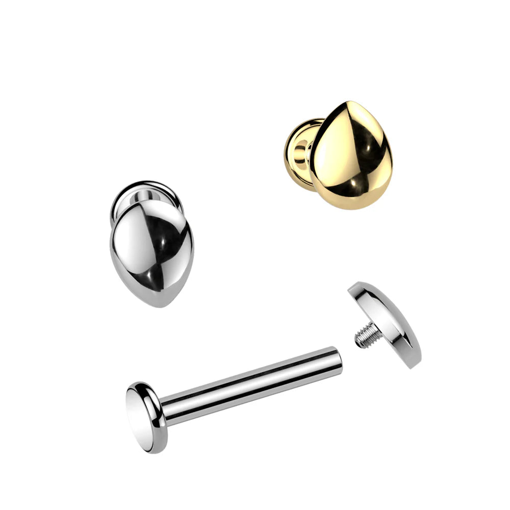 Implant Grade Titanium Internally Threaded Teardrop Top Labret, Flat Back Stud