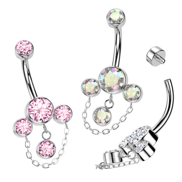 Implant Grade Titanium Internally Threaded Triple Bezel Set CZ Belly Button Ring With CZ and Chain Dangle