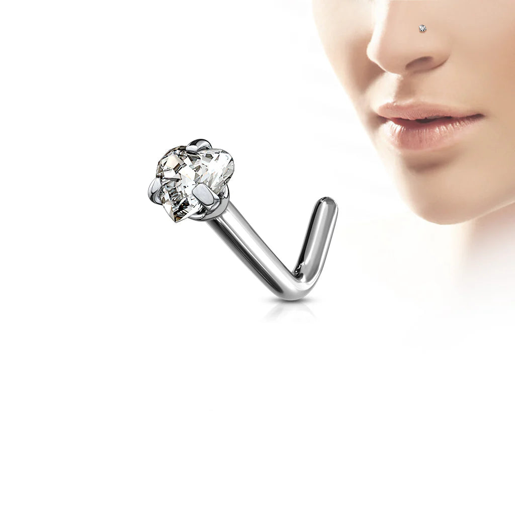 Implant Grade Titanium L Bend Nose Stud With Prong Set Heart CZ