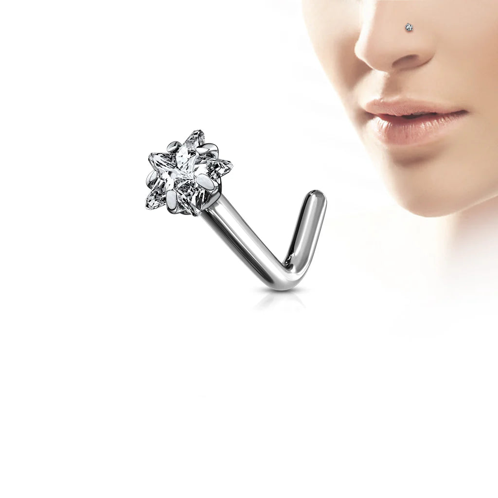 Implant Grade Titanium L Bend Nose Stud With Prong Set Star CZ