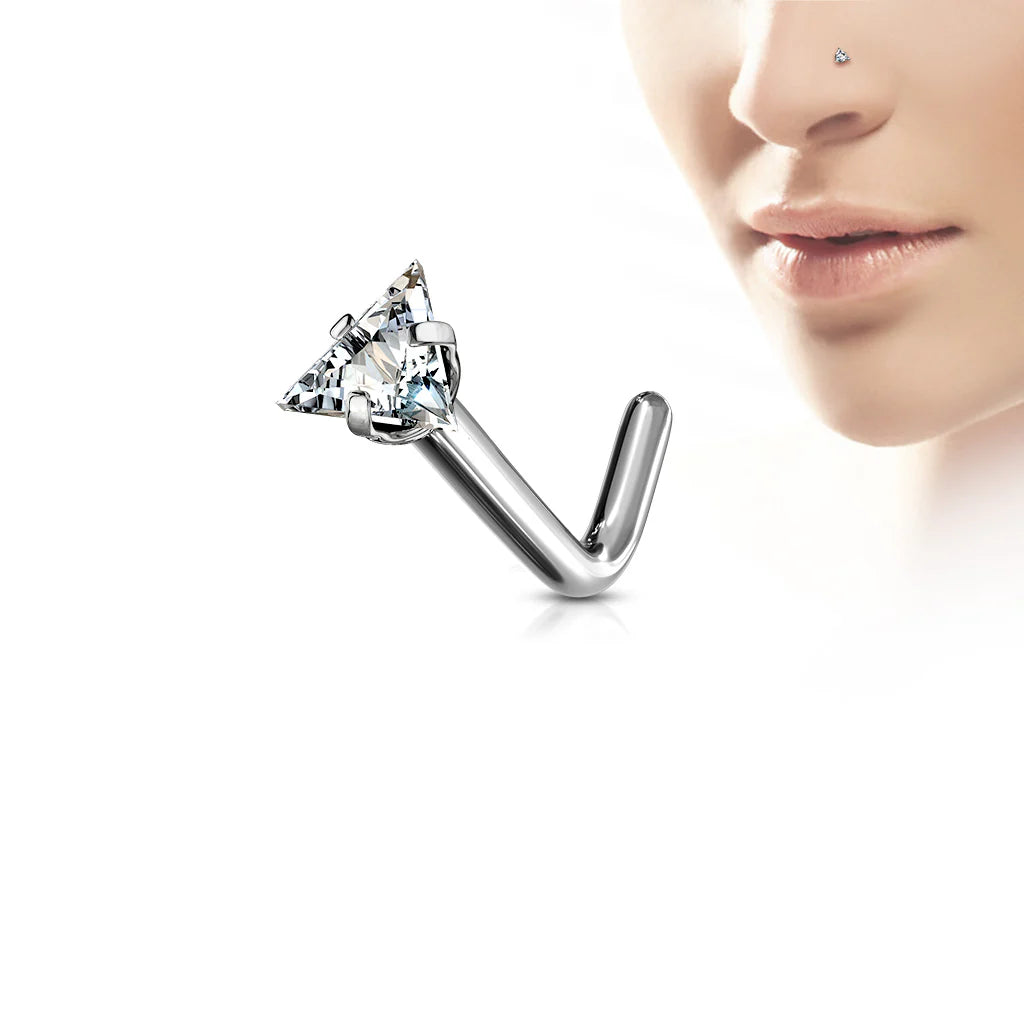 Implant Grade Titanium L Bend Nose Stud With Prong Set Triangle CZ