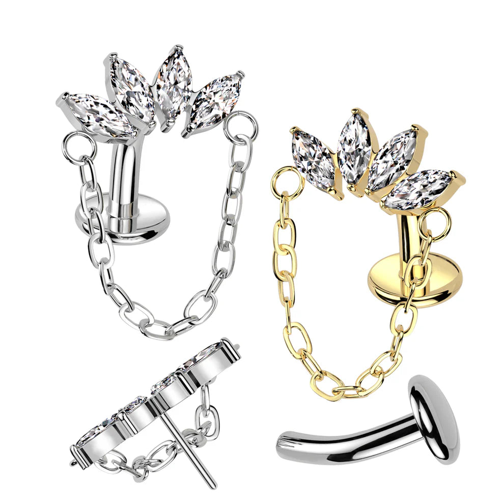 Implant Grade Titanium Threadless Floating Base Belly Button Ring With Chain Linked 4 Marquise CZ Fan Top