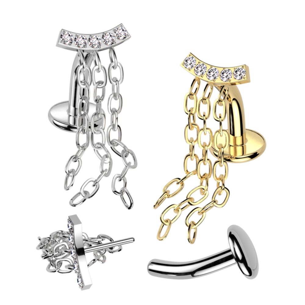 Implant Grade Titanium Threadless Floating Base Belly Button Ring With CNC CZ Set Curve and Triple Chain Dangle Top