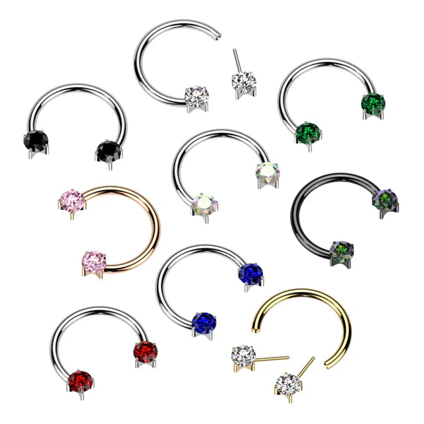 Implant Grade Titanium Threadless Forward Facing Push In Prong Set CZ Horseshoe