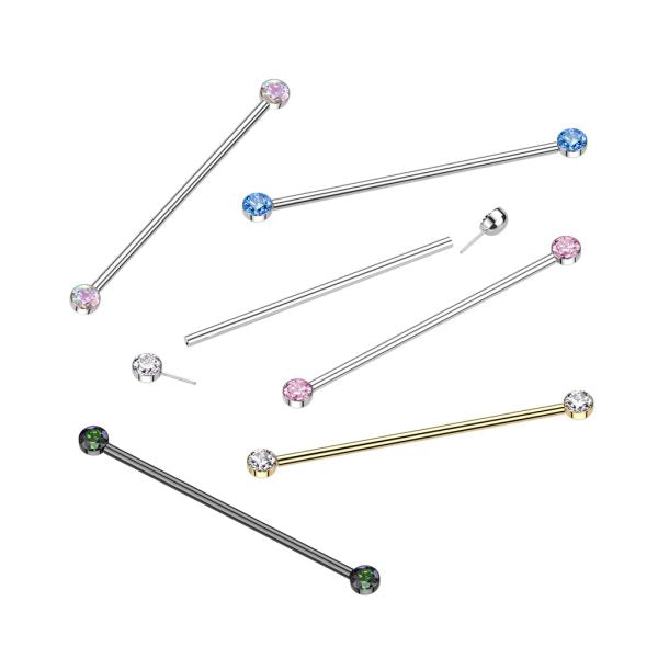 Implant Grade Titanium Threadless Industrial Barbell With Bezel Set CZ Ends