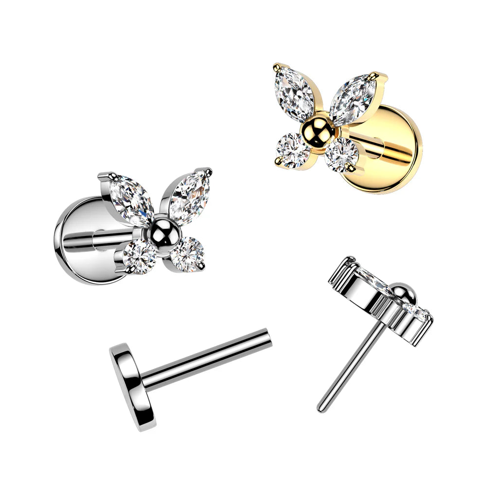 Implant Grade Titanium Threadless Push In 20ga Flat Back Earring Stud With CZ Butterfly Top