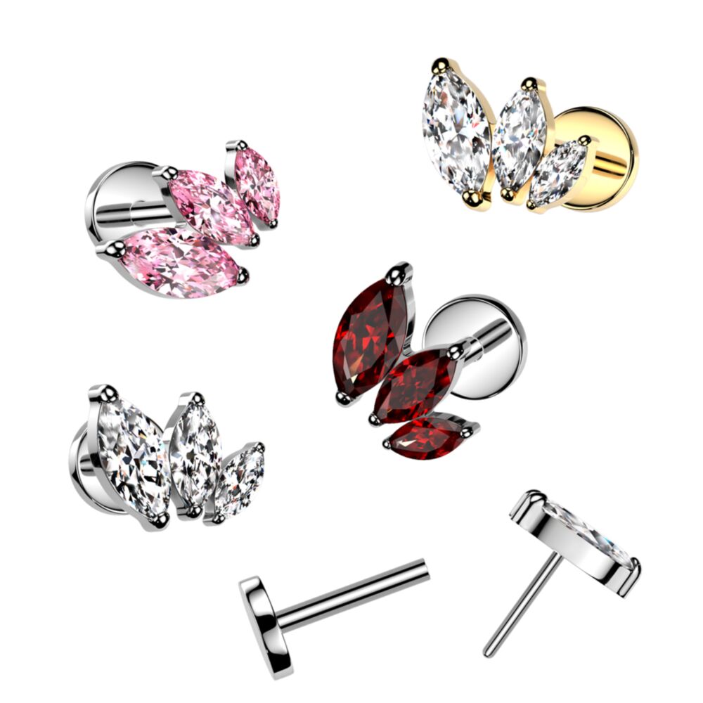 Implant Grade Titanium Threadless Push In 20ga Flat Back Earring Stud With Triple Marquise CZ Top