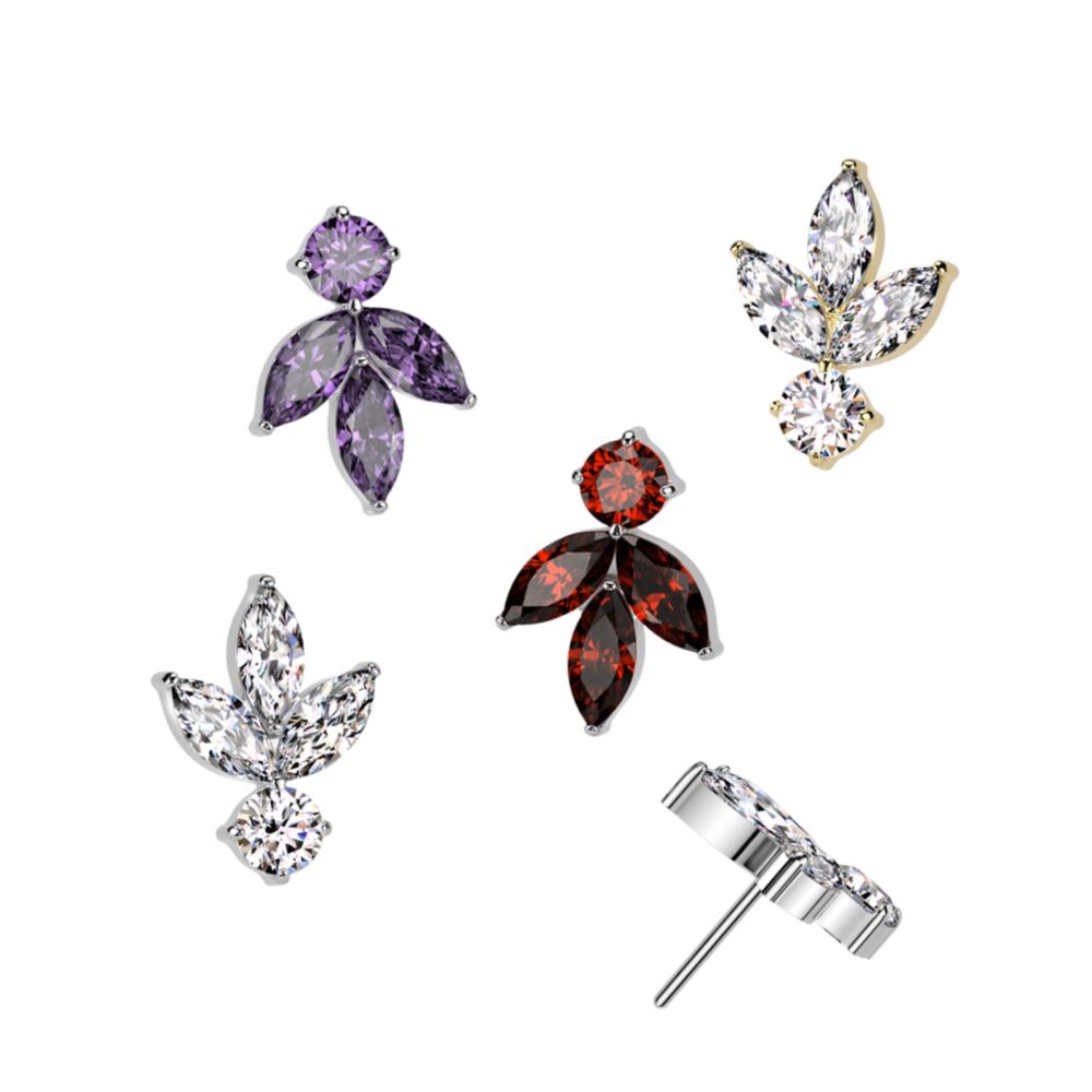 Implant Grade Titanium Threadless Push In 3 Marquise CZ Leaf With Round CZ Top