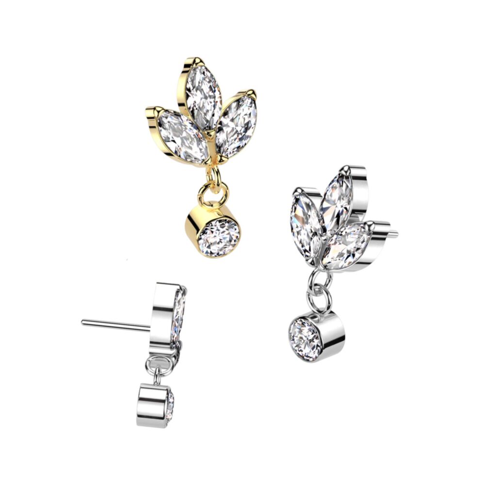 Implant Grade Titanium Threadless Push In 3 Marquise CZ With Round Bezel Set CZ Dangle Top