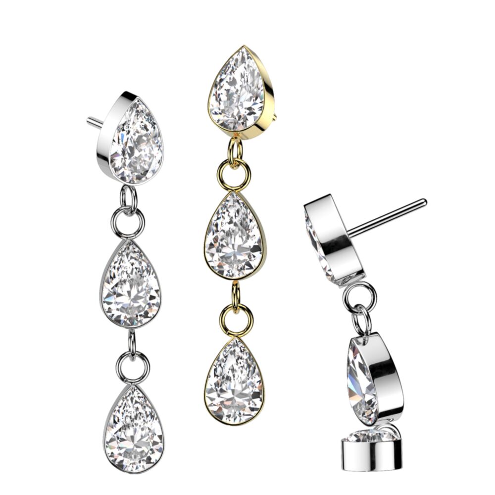 Implant Grade Titanium Threadless Push In 3 Teardrop CZ Bezel Set Dangle Top