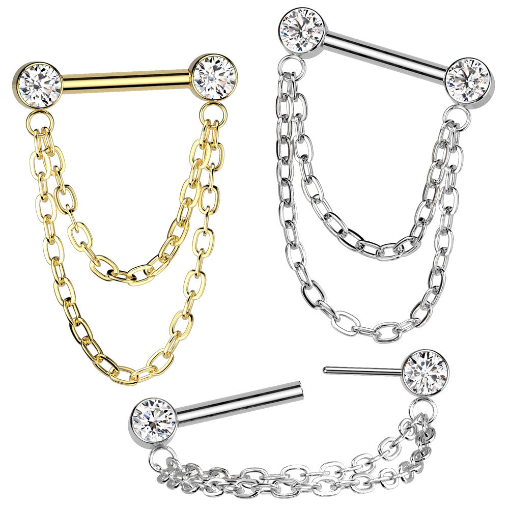 Implant Grade Titanium Threadless Push In Barbell With Forward Facing Bezel Set CZ Ends and Double Chain Dangle