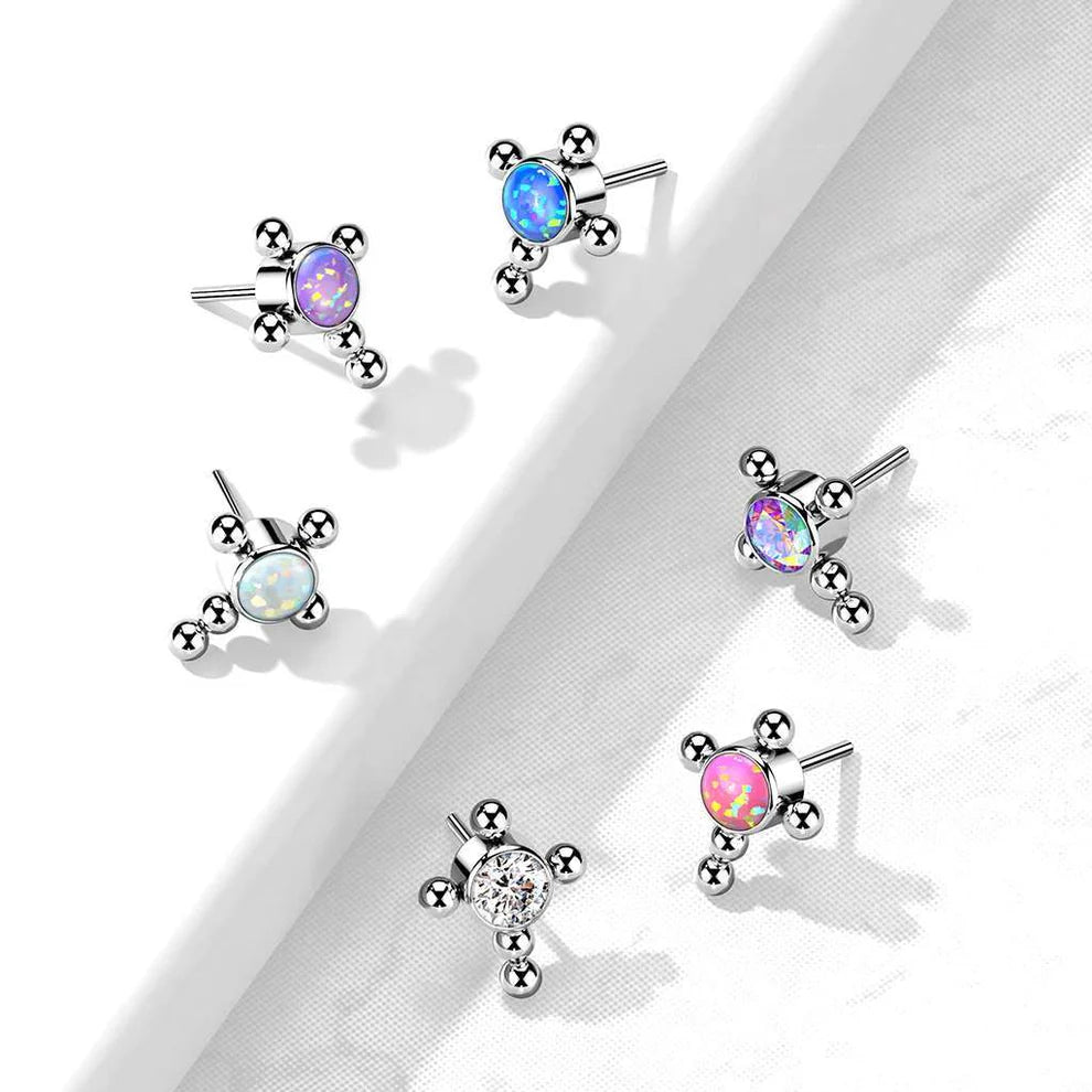 Implant Grade Titanium Threadless Push In Beaded Cross With Bezel Set Opal or CZ Center Top