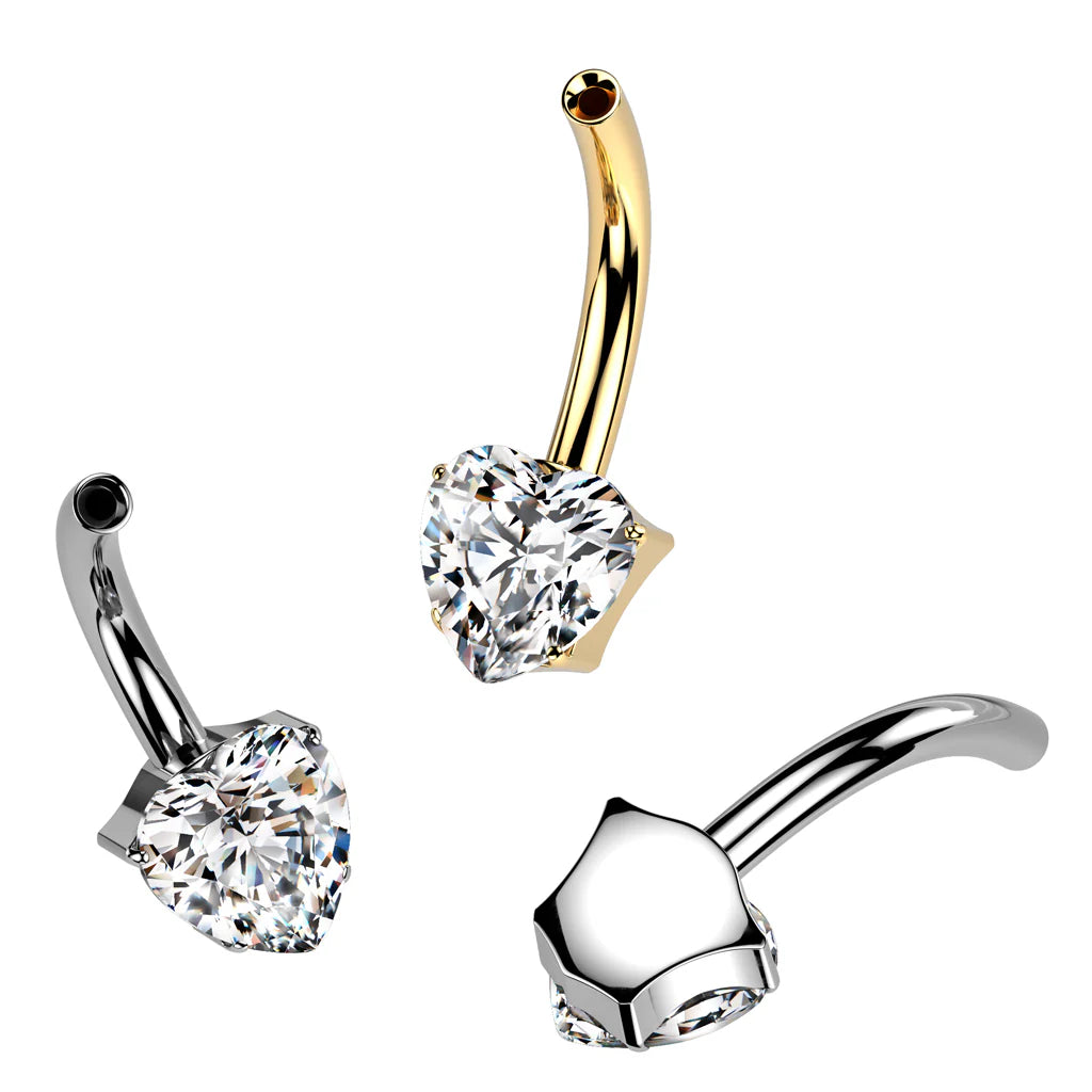Implant Grade Titanium Threadless Push In Belly Button Pin With One Fixed Prong Set Heart CZ