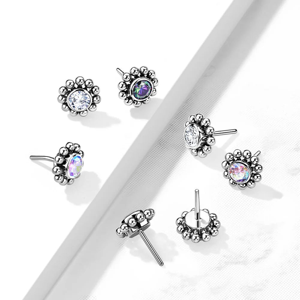 Implant Grade Titanium Threadless Push In Bezel Set CZ Center With Beaded Ball Edge