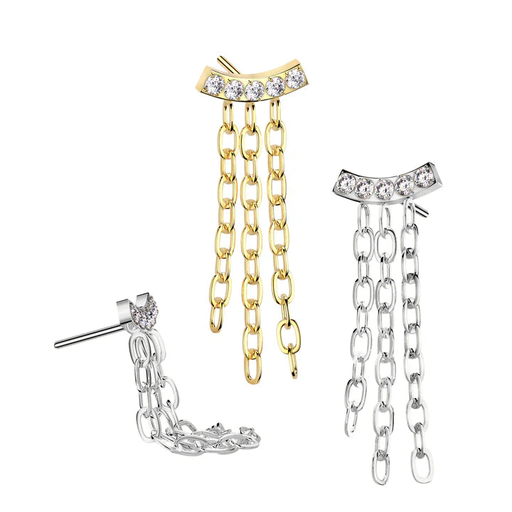 Implant Grade Titanium Threadless Push In CNC CZ Set Curve Top With Triple Chain Dangle