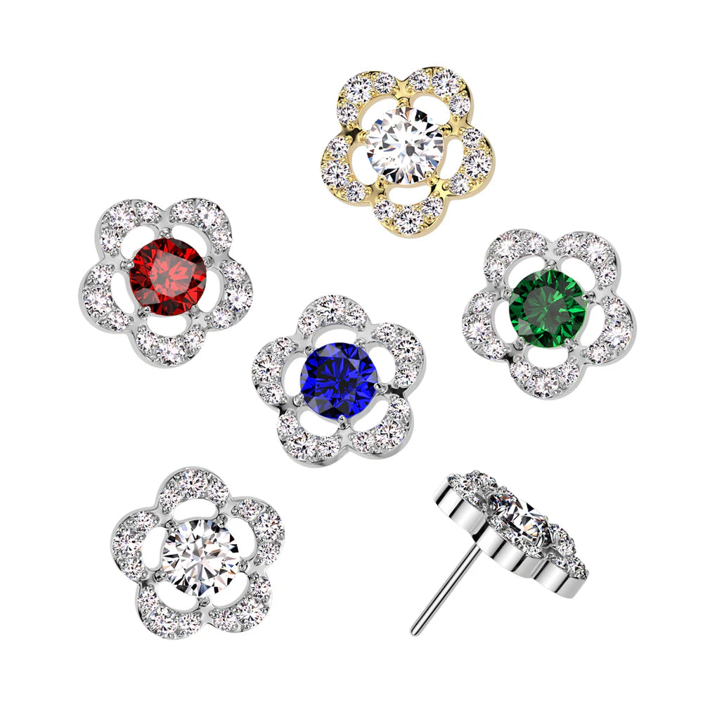 Implant Grade Titanium Threadless Push In CNC Set CZ Flower With Round CZ Center Top