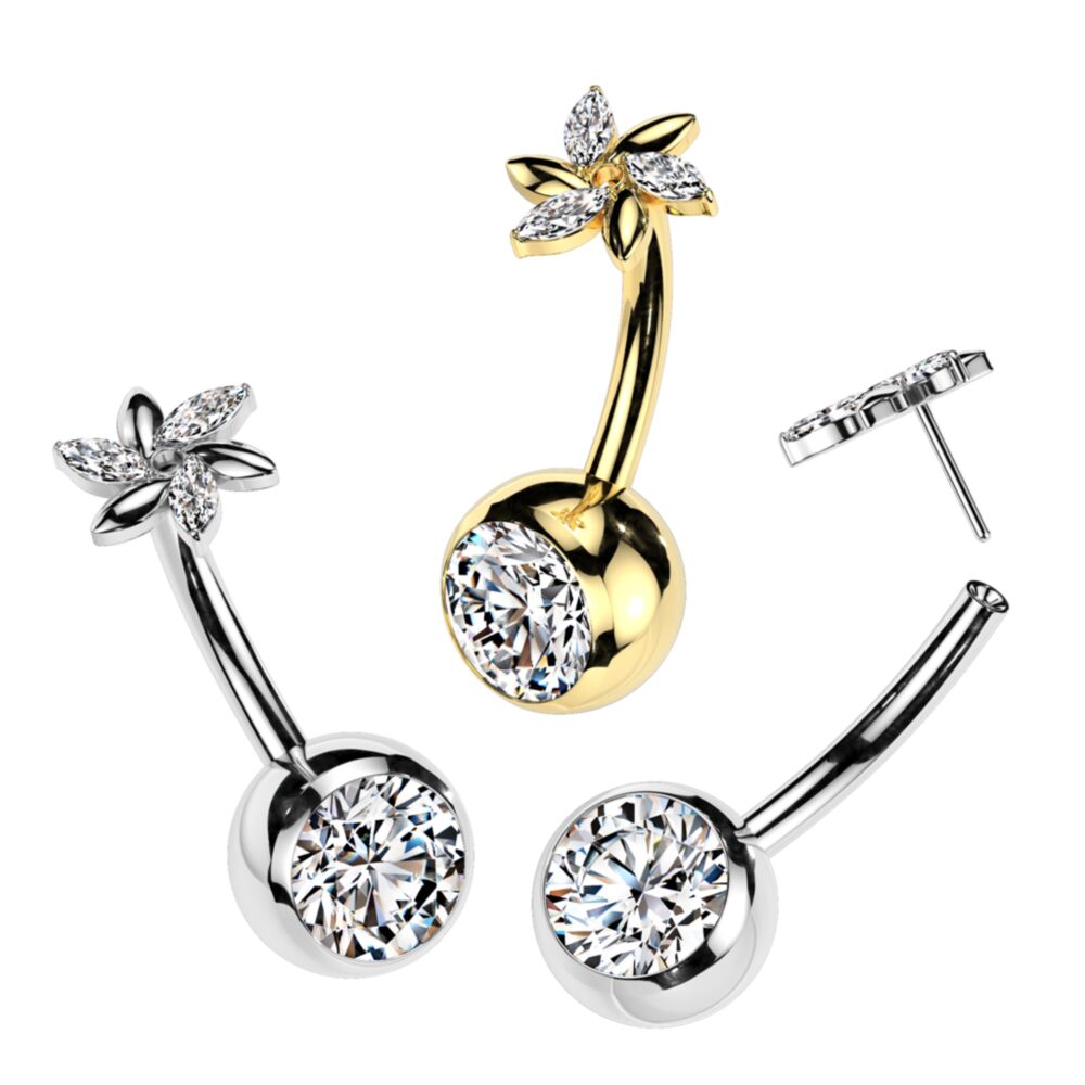 Implant Grade Titanium Threadless Push In CZ Bezel Set Belly Button Ring With Swirl Flower And Marquise CZ Top