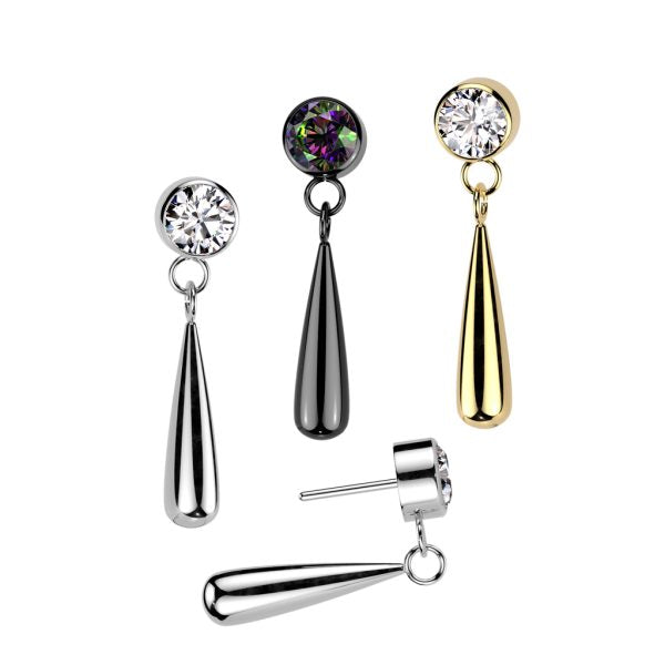 Implant Grade Titanium Threadless Push In CZ Bezel Set Top With Teardrop Dangle