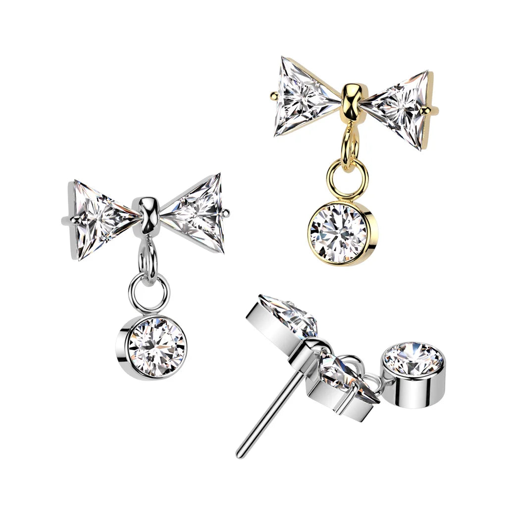 Implant Grade Titanium Threadless Push In CZ Bowtie Top With Bezel Set CZ Dangle