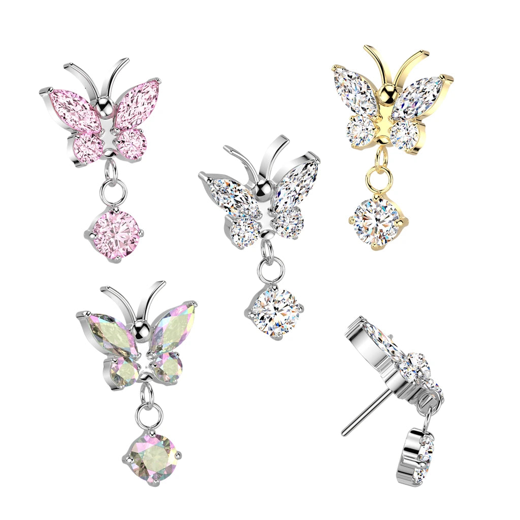 Implant Grade Titanium Threadless Push In CZ Butterfly With Prong Set CZ Dangle Top