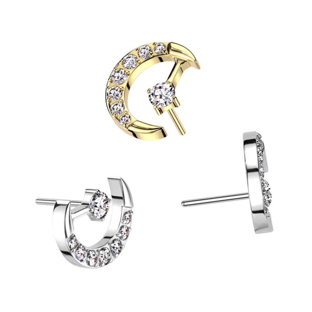 Implant Grade Titanium Threadless Push In CZ Pave Crescent Moon and CZ Center Top