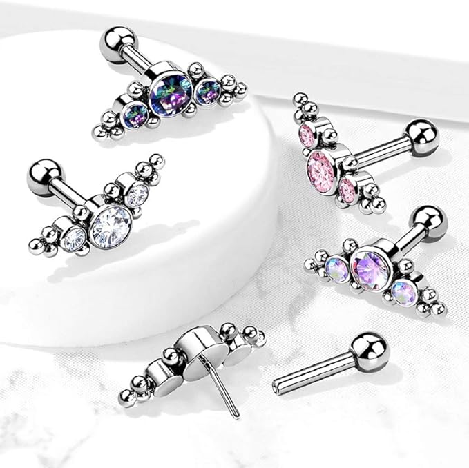 Implant Grade Titanium Threadless Push In Cartilage Barbell With 3 Bezel Set CZs and Ball Clusters Top