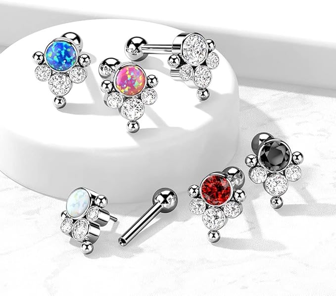 Implant Grade Titanium Threadless Push In Cartilage Barbell With Bezel Set CZ or Opal and Ball Cluster Top