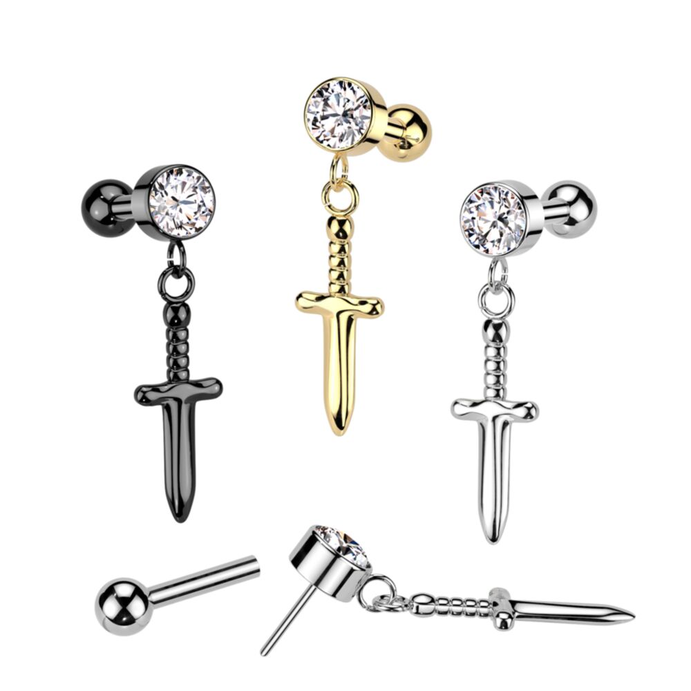 Implant Grade Titanium Threadless Push In Cartilage Barbell With Round Bezel Set CZ and Dagger Dangle Top