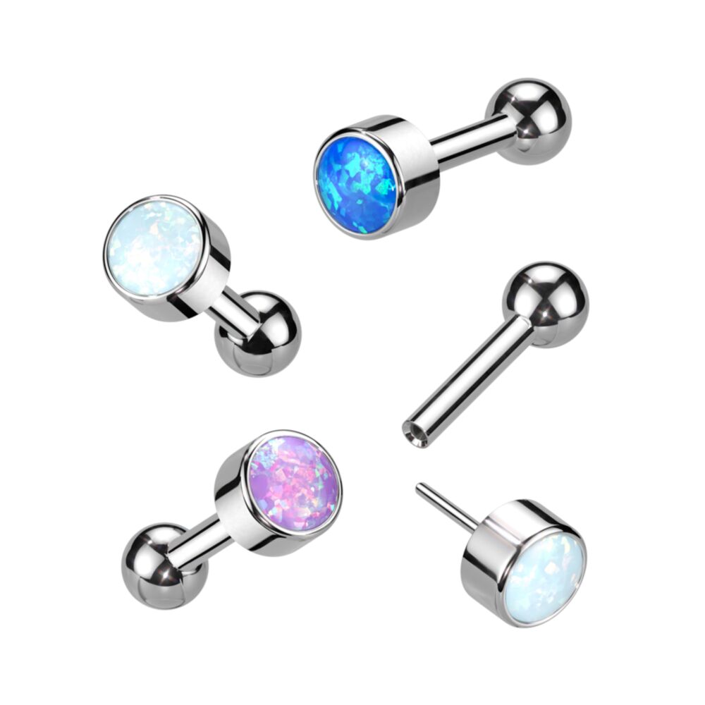 Implant Grade Titanium Threadless Push In Cartilage Barbell With Round Bezel Set Opal Top