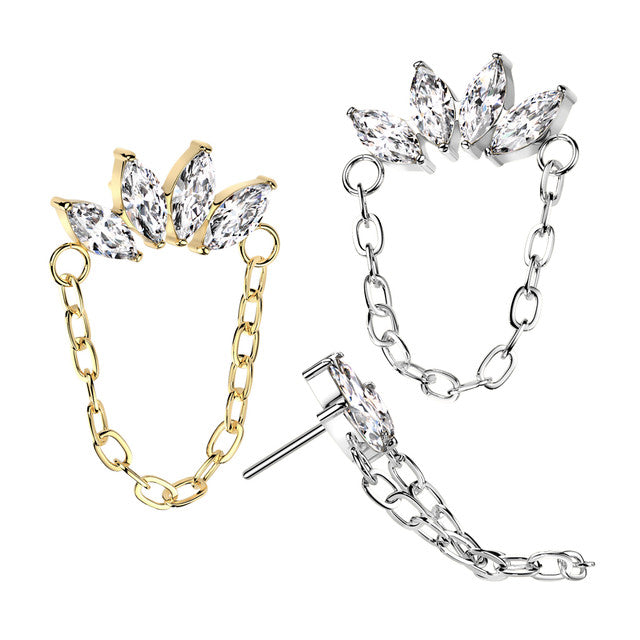 Implant Grade Titanium Threadless Push In Chain Linked 4 Marquise CZ Fan Top