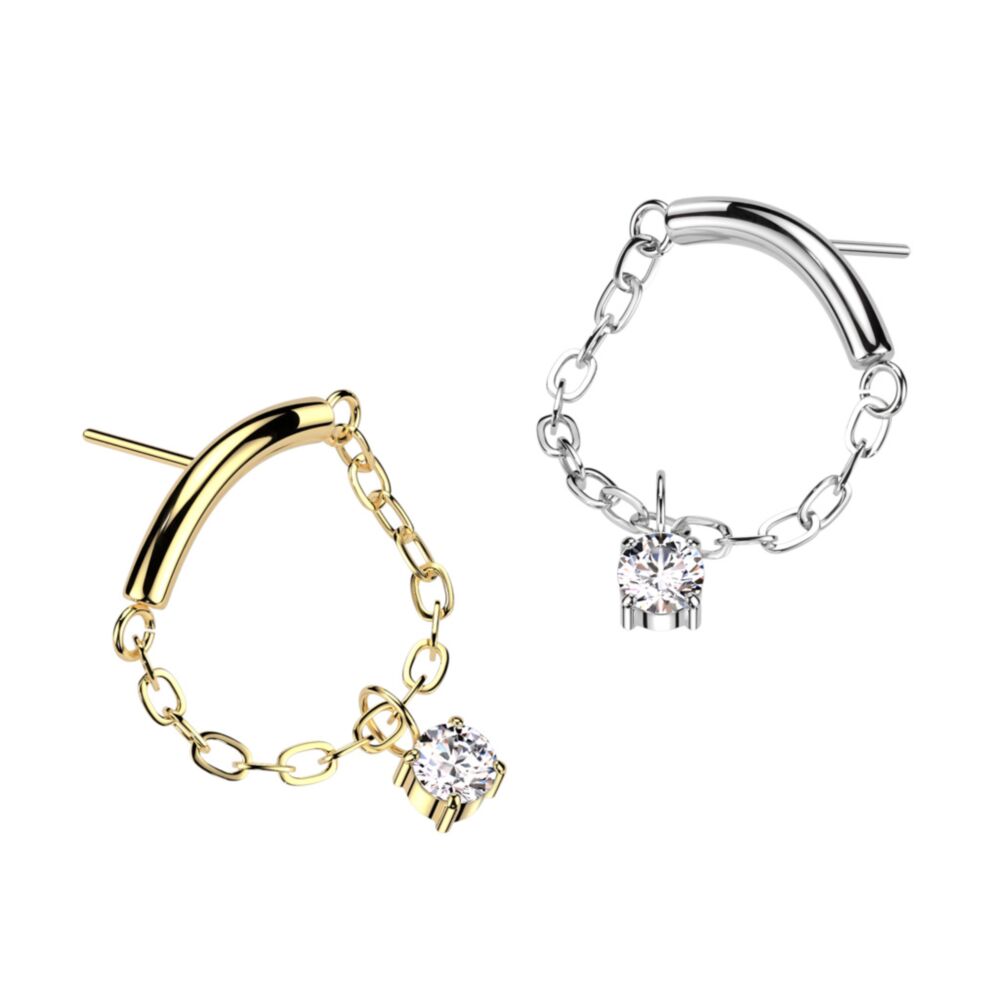 Implant Grade Titanium Threadless Push In Chain Linked Curved Bar With CZ Dangle Top
