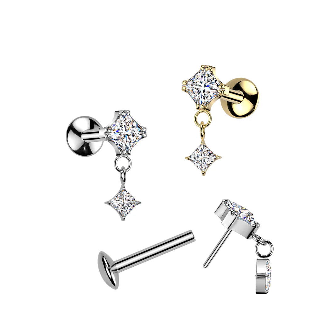 Implant Grade Titanium Threadless Push In Convex Base Labret Stud With Prong Set Diamond CZ Top and Diamond CZ Dangle