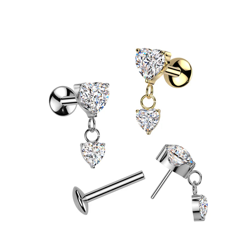 Implant Grade Titanium Threadless Push In Convex Base Labret Stud With Prong Set Heart CZ Top With Prong Set Heart CZ Dangle