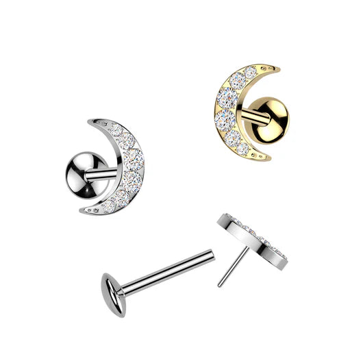 Implant Grade Titanium Threadless Push In Convex Base Stud With 6 CNC Set CZ Crescent Moon Top