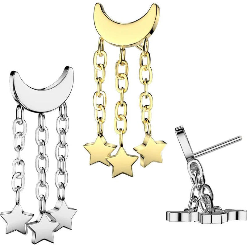 Implant Grade Titanium Threadless Push In Crescent Moon Top With 3 Star Dangle